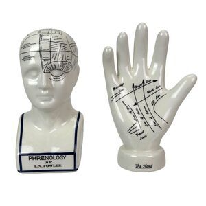 Zeckos Ceramic Phrenology Head and Palmistry Hand Figurines Set White